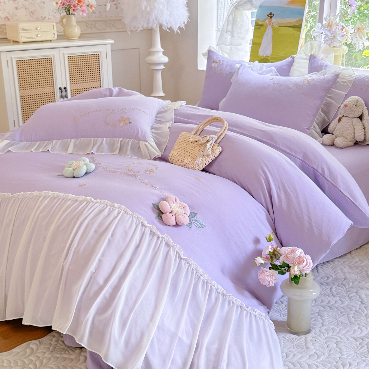 91家纺网 家纺一手货源 找家纺 大麦乐田 2025新款法式公主风仙女糯小棉立体花刺绣四件套 浪漫花朵-紫