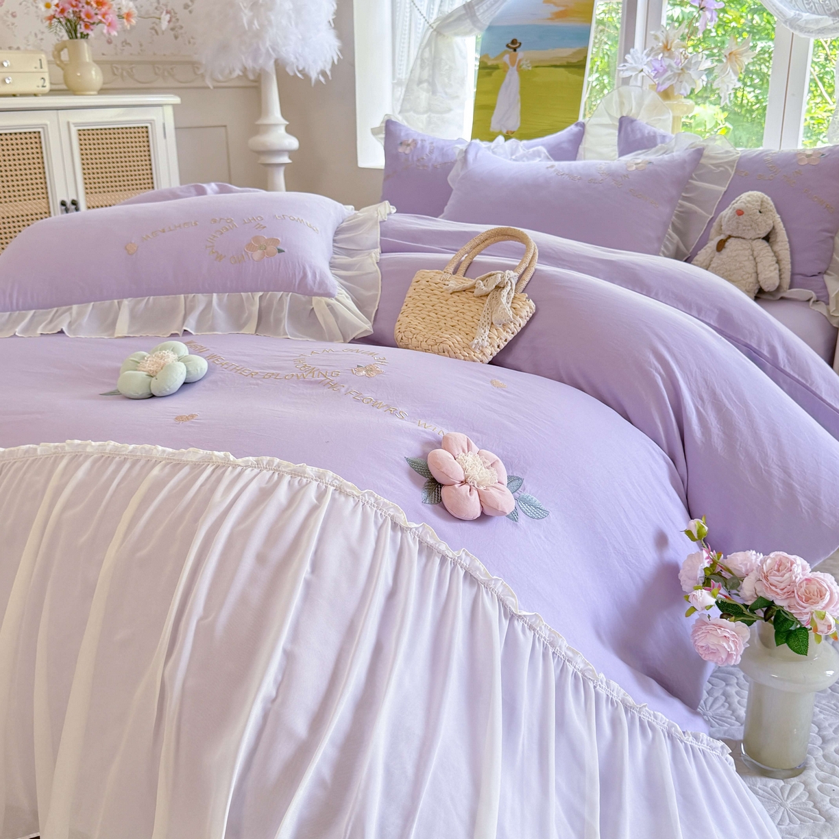 91家纺网 家纺一手货源 找家纺 大麦乐田 2025新款法式公主风仙女糯小棉立体花刺绣四件套 浪漫花朵-紫