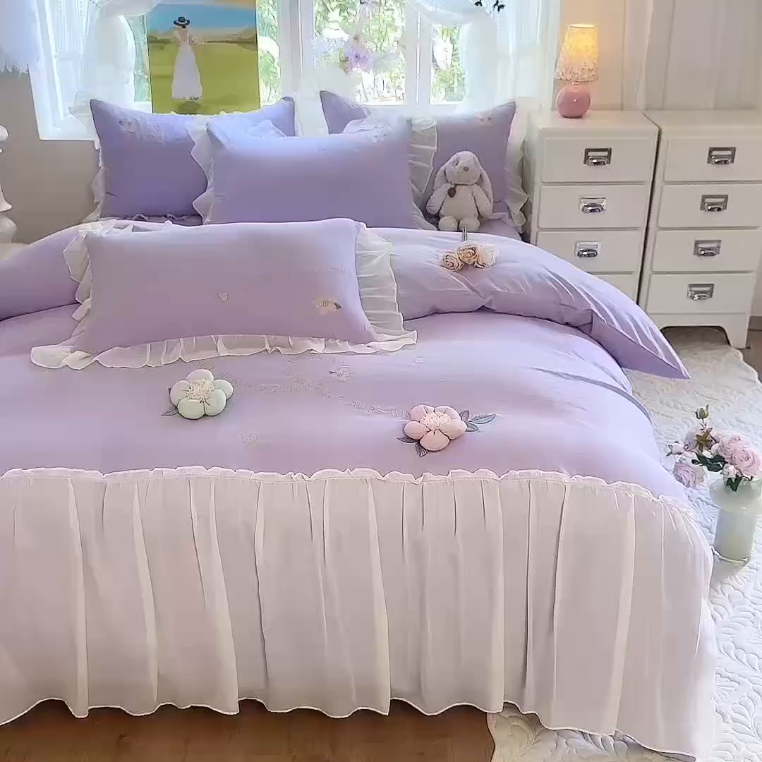 91家纺网 家纺一手货源 找家纺 大麦乐田 2025新款法式公主风仙女糯小棉立体花刺绣四件套 浪漫花朵-紫
