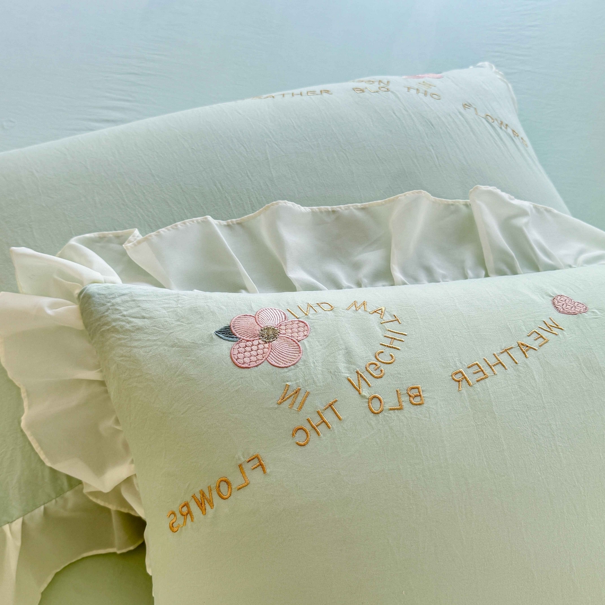 91家纺网 家纺一手货源 找家纺 大麦乐田 2025新款法式公主风仙女糯小棉立体花刺绣四件套 浪漫花朵-绿