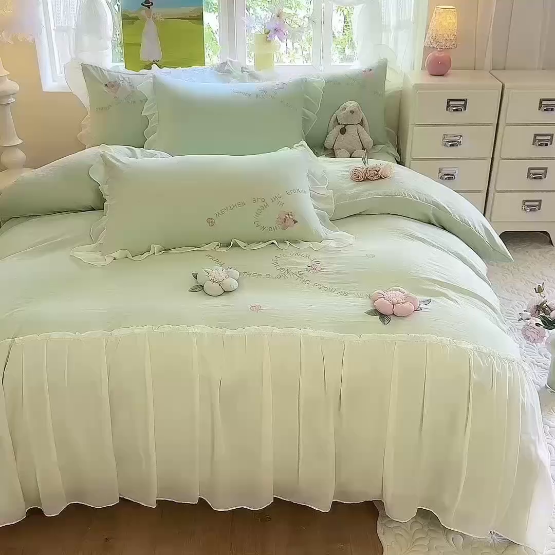 91家纺网 家纺一手货源 找家纺 大麦乐田 2025新款法式公主风仙女糯小棉立体花刺绣四件套 浪漫花朵-绿