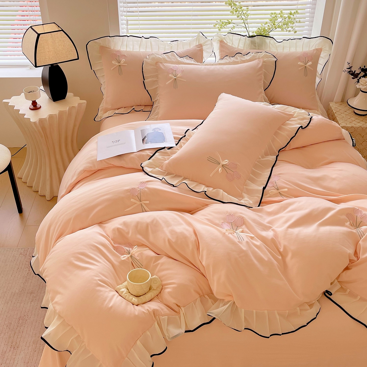 （总）大麦乐田 2025新款小清新水洗糯小棉花边纸立体花刺绣四件套