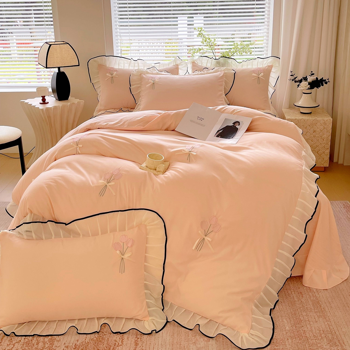 91家纺网 家纺一手货源 找家纺 （总）大麦乐田 2025新款小清新水洗糯小棉花边纸立体花刺绣四件套