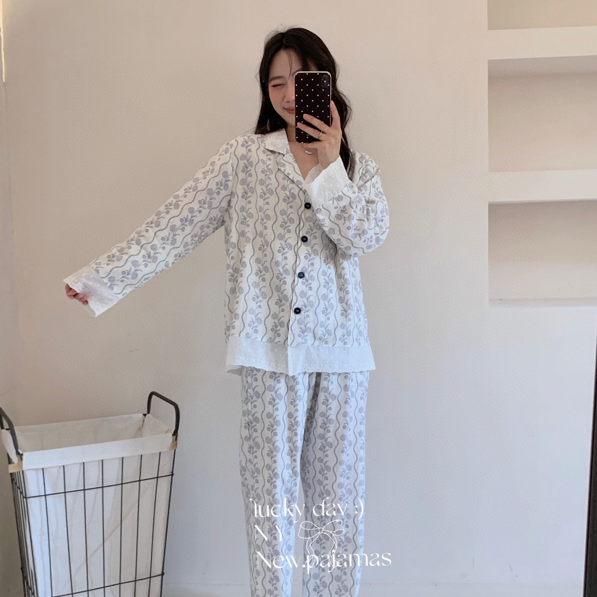 91家纺网 家纺一手货源 找家纺 纽约生活 2025新款有氧纱南法蕾丝西装领长袖长裤（会员-5） 杉野蓝