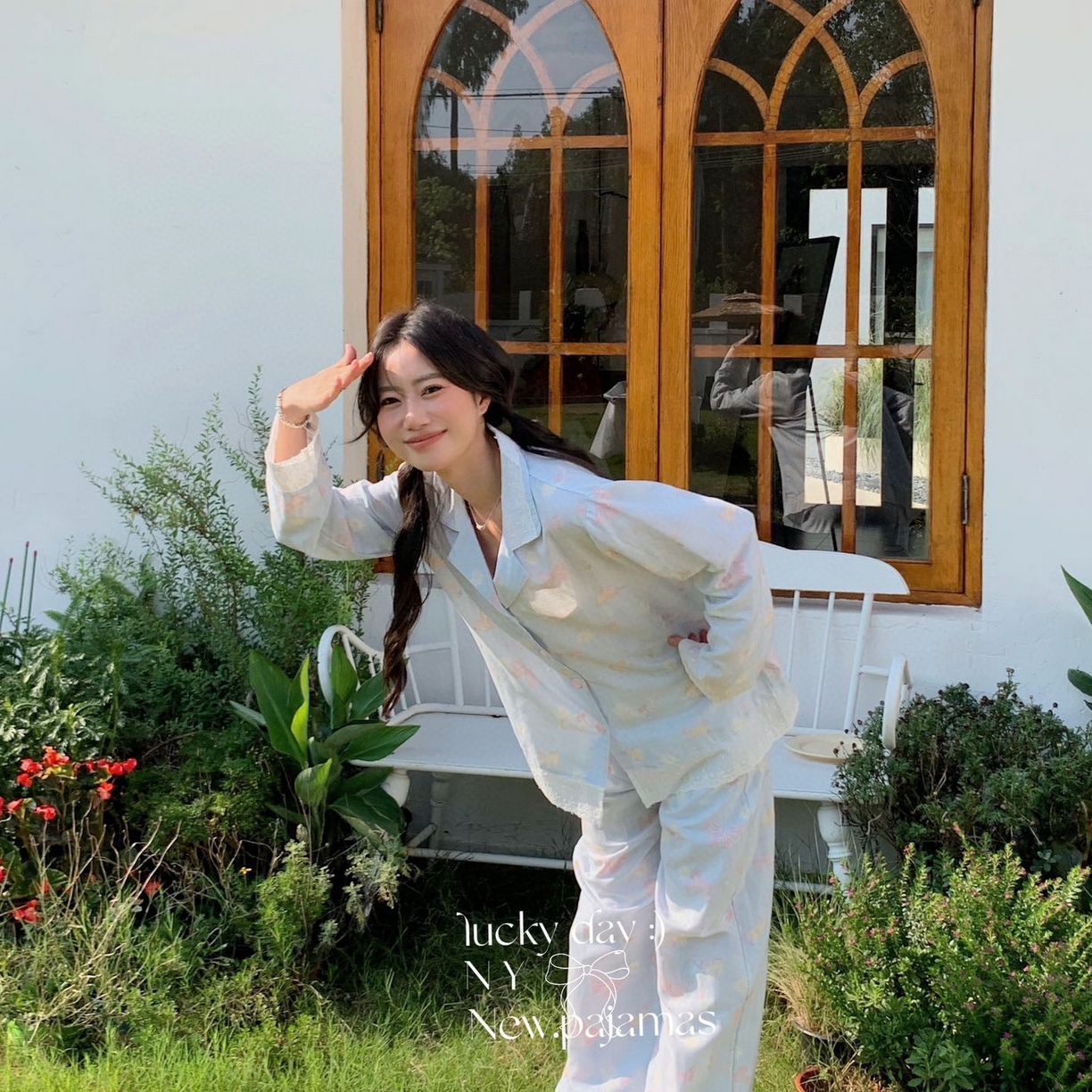 91家纺网 家纺一手货源 找家纺 纽约生活 2025新款有氧纱南法蕾丝西装领长袖长裤（会员-5） 烟雨蝴蝶