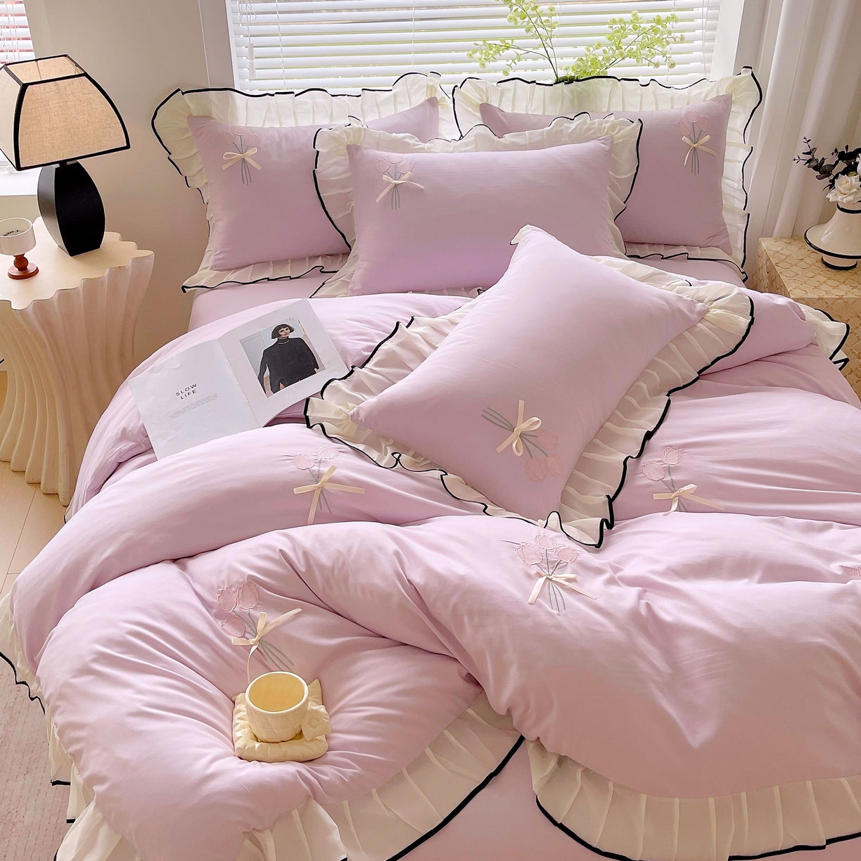 91家纺网 家纺一手货源 找家纺 大麦乐田 2025新款小清新水洗糯小棉花边纸立体花刺绣四件套 郁金香-嫩紫