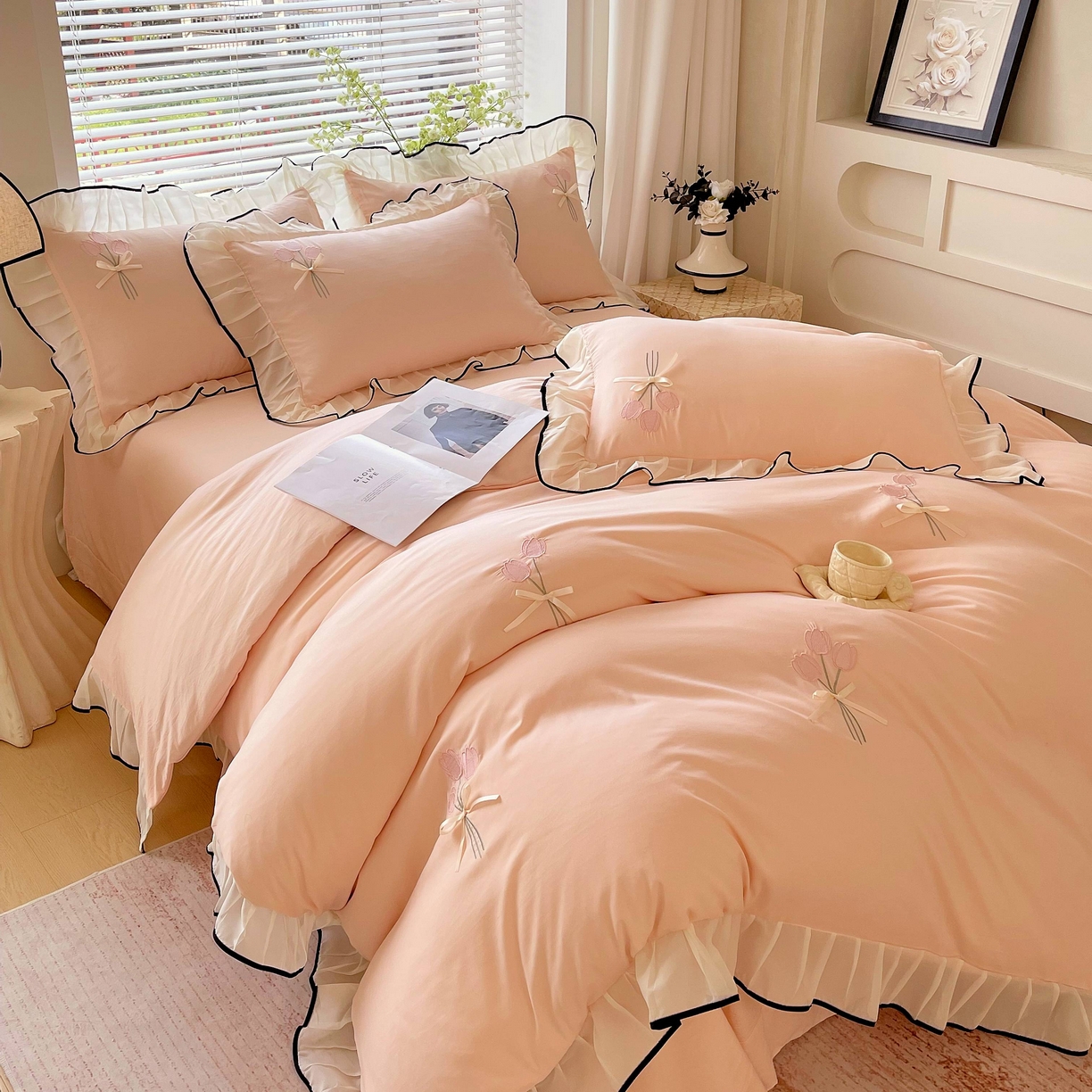 91家纺网 家纺一手货源 找家纺 大麦乐田 2025新款小清新水洗糯小棉花边纸立体花刺绣四件套 郁金香-嫩玉