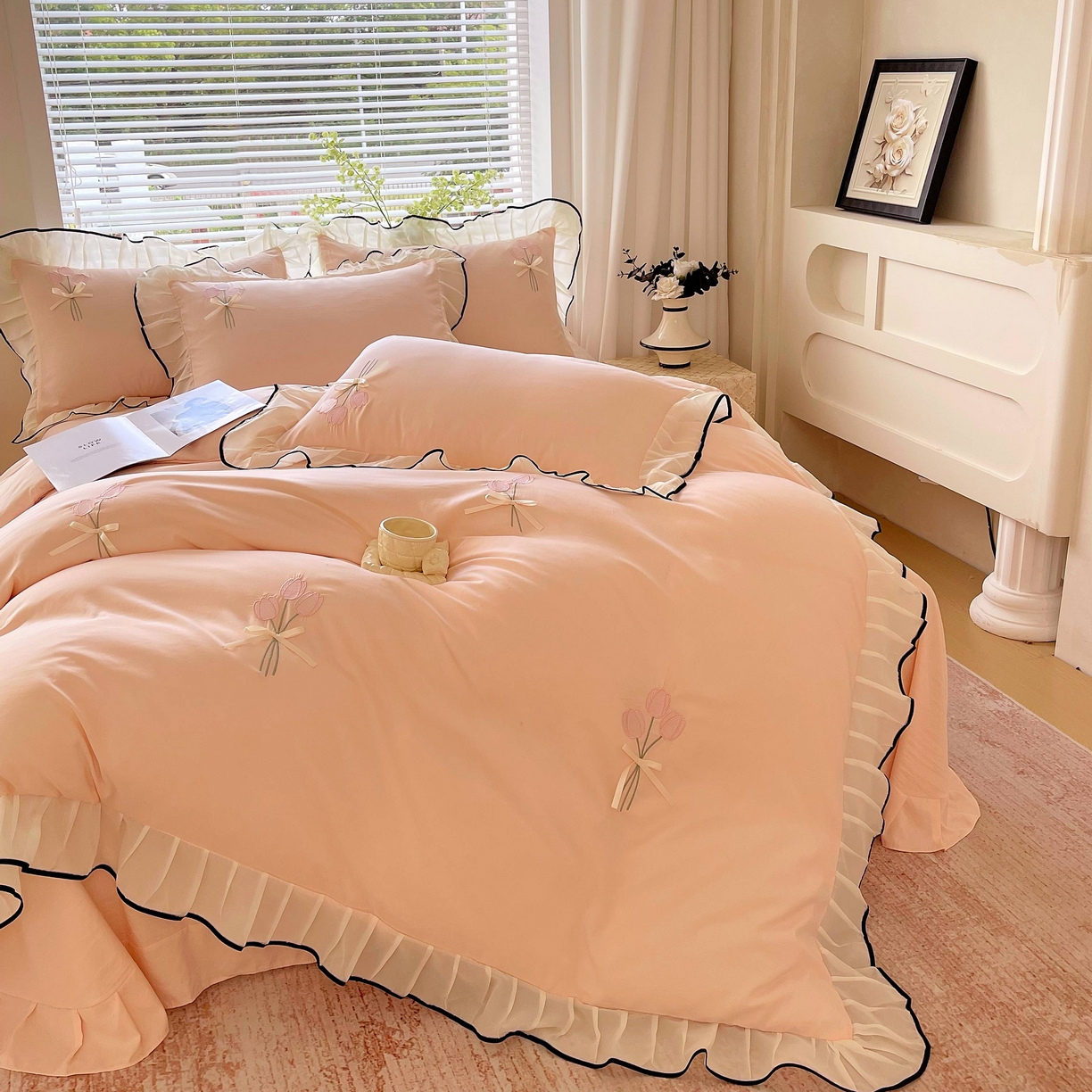 91家纺网 家纺一手货源 找家纺 大麦乐田 2025新款小清新水洗糯小棉花边纸立体花刺绣四件套 郁金香-嫩玉