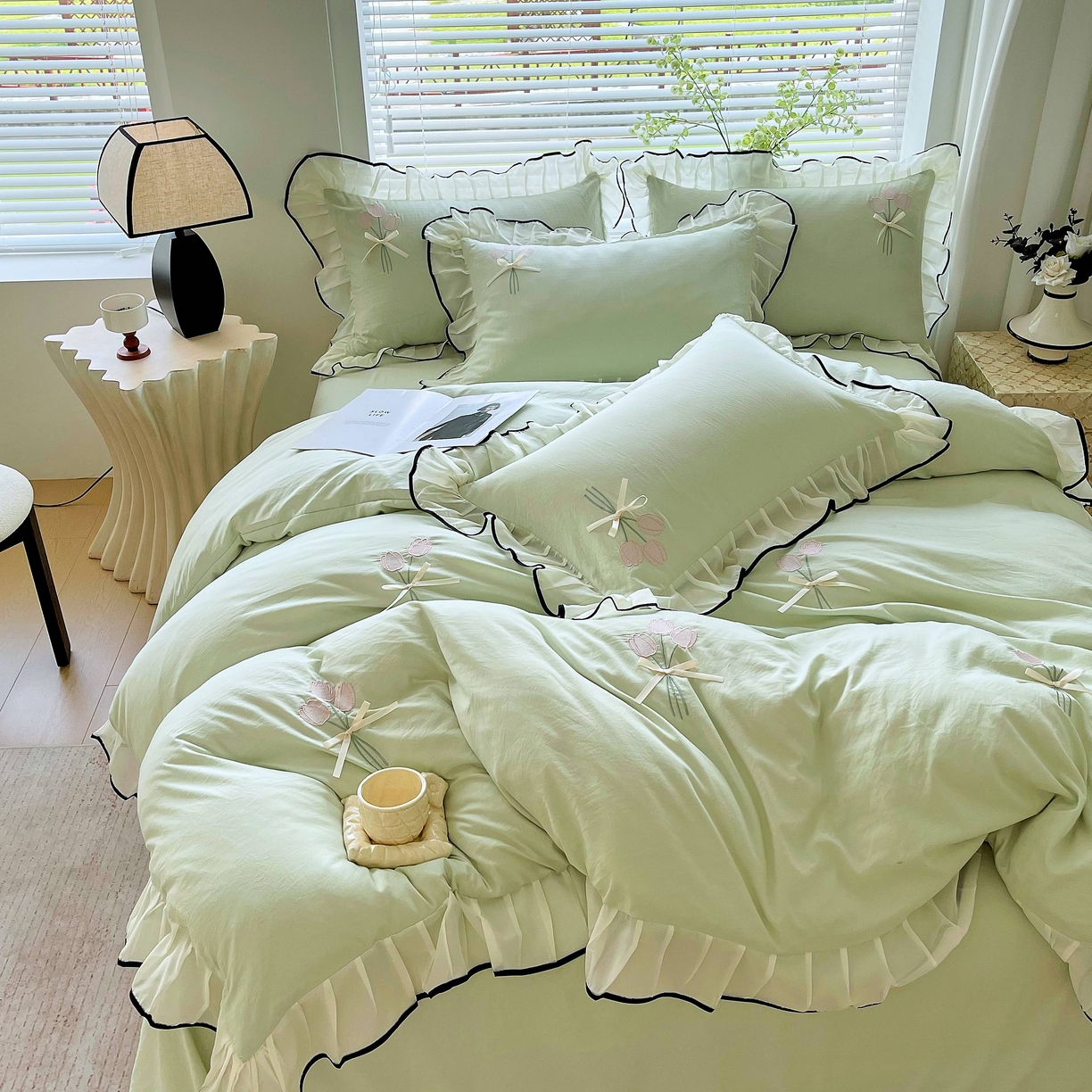 大麦乐田 2025新款小清新水洗糯小棉花边纸立体花刺绣四件套 郁金香-嫩绿