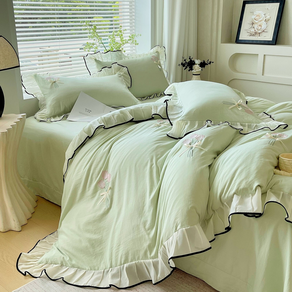 91家纺网 家纺一手货源 找家纺 大麦乐田 2025新款小清新水洗糯小棉花边纸立体花刺绣四件套 郁金香-嫩绿