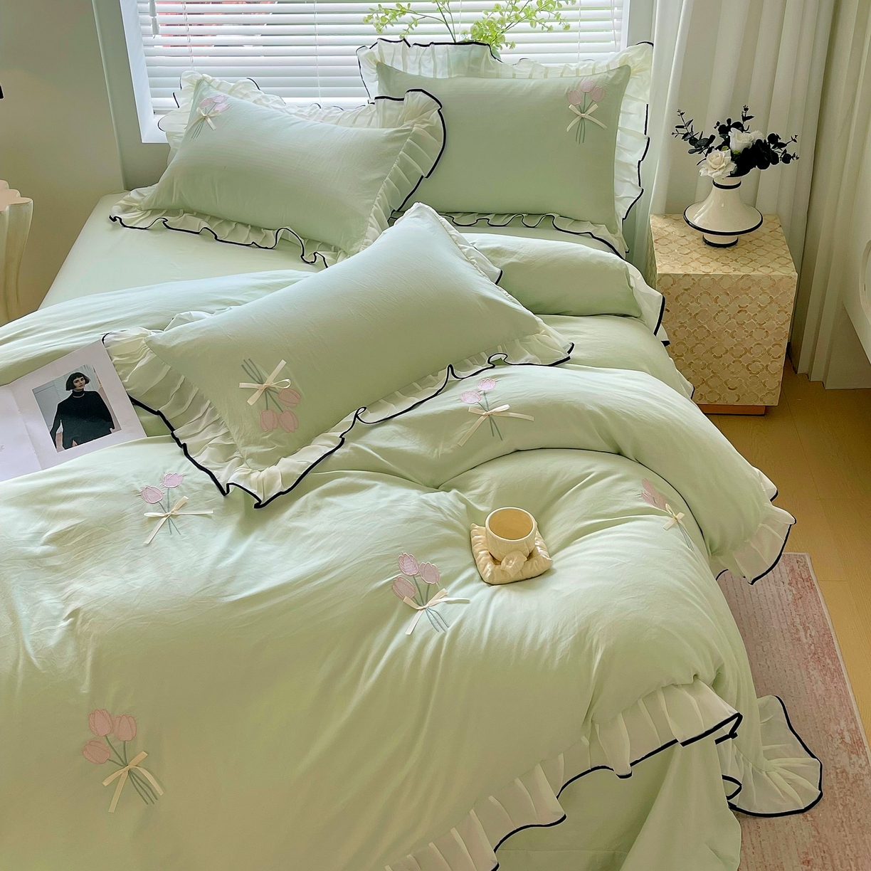 91家纺网 家纺一手货源 找家纺 大麦乐田 2025新款小清新水洗糯小棉花边纸立体花刺绣四件套 郁金香-嫩绿