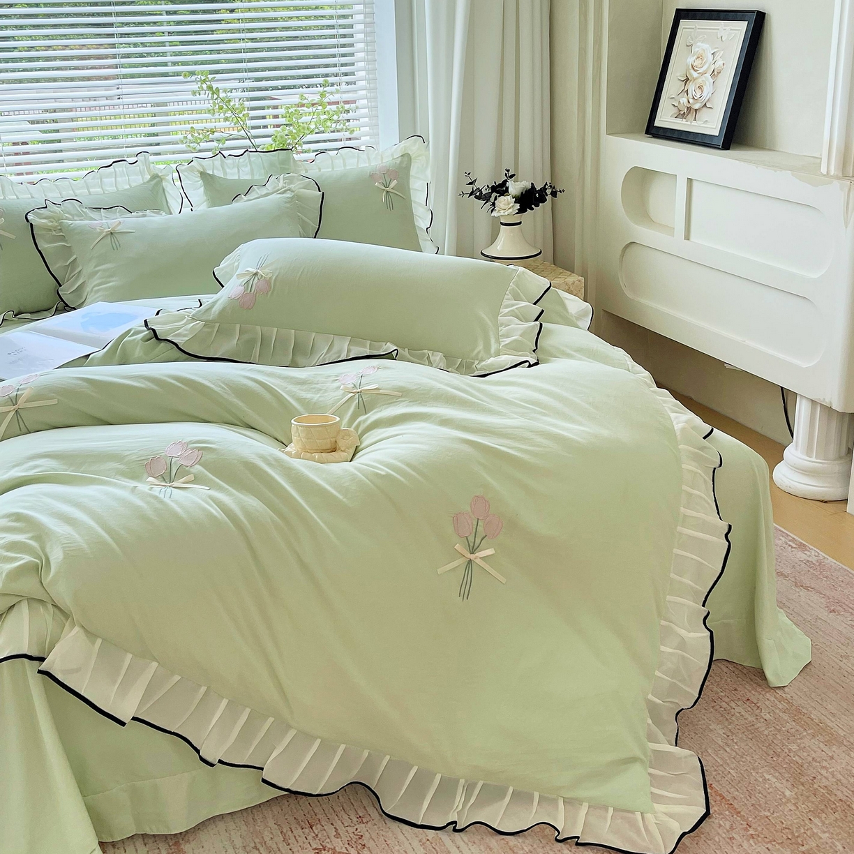 91家纺网 家纺一手货源 找家纺 大麦乐田 2025新款小清新水洗糯小棉花边纸立体花刺绣四件套 郁金香-嫩绿