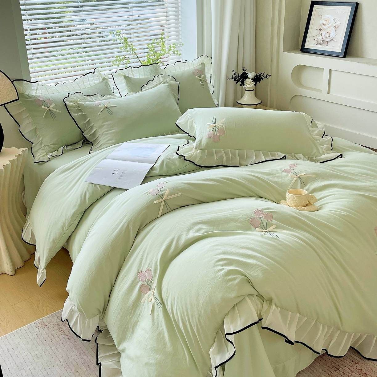 91家纺网 家纺一手货源 找家纺 大麦乐田 2025新款小清新水洗糯小棉花边纸立体花刺绣四件套 郁金香-嫩绿