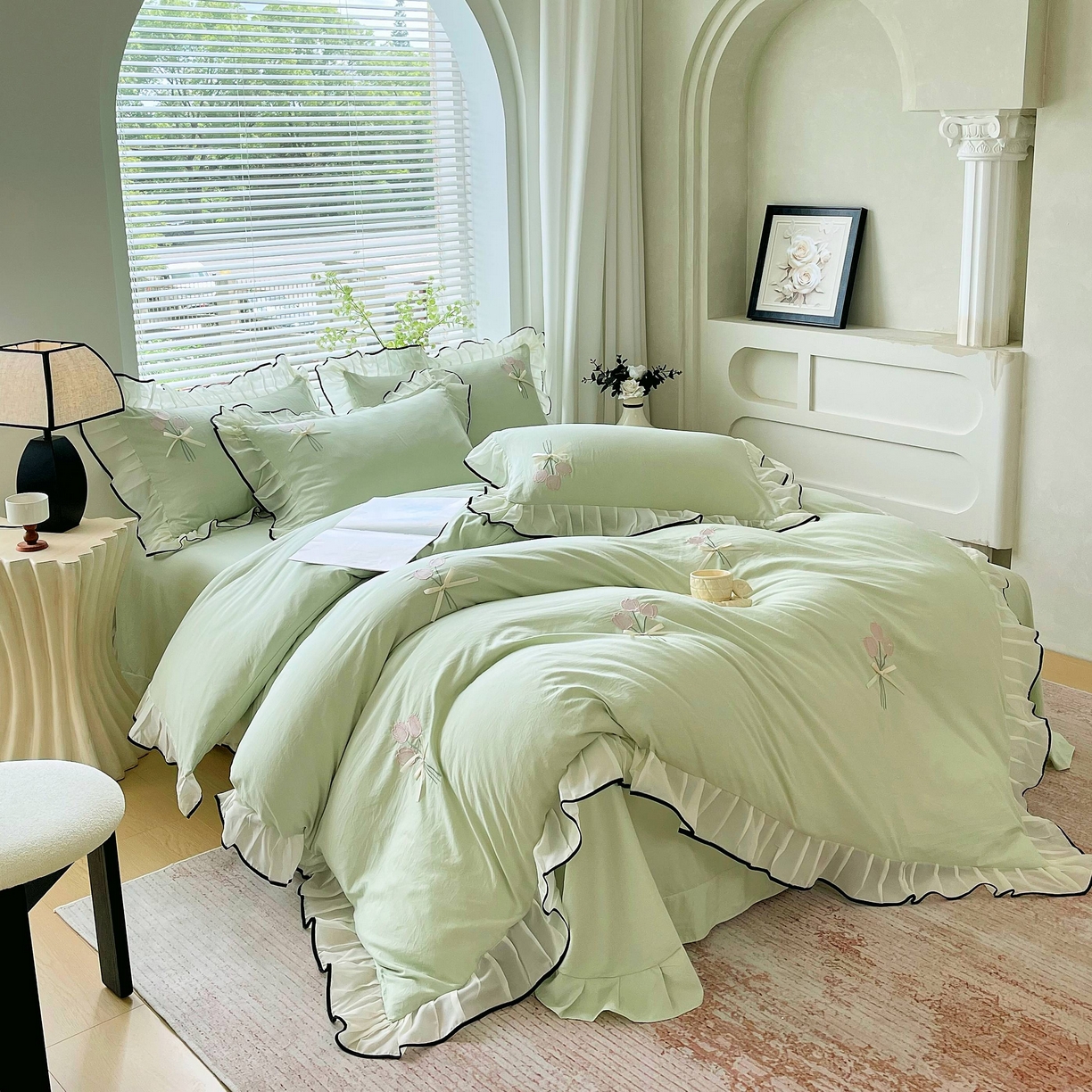 91家纺网 家纺一手货源 找家纺 大麦乐田 2025新款小清新水洗糯小棉花边纸立体花刺绣四件套 郁金香-嫩绿