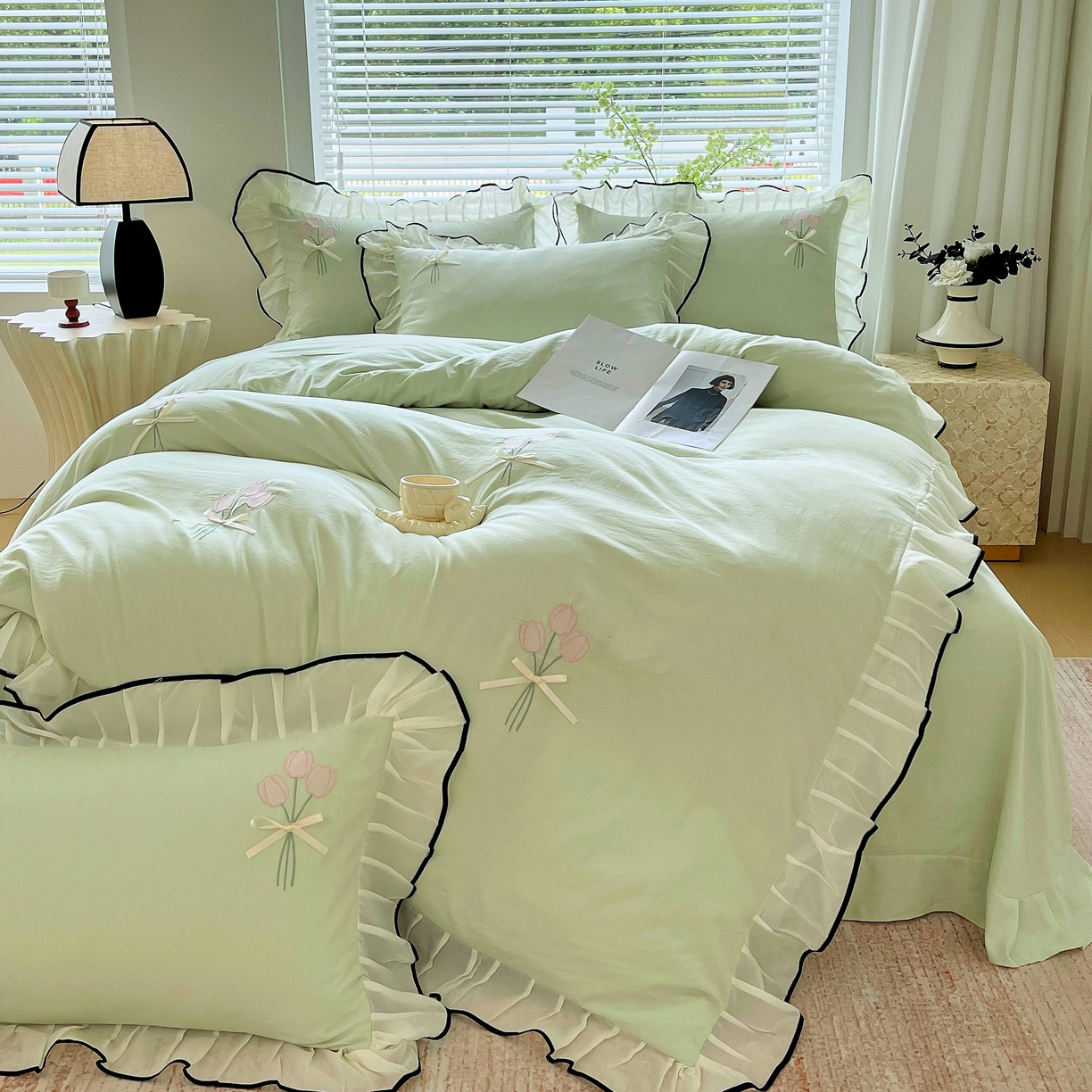 91家纺网 家纺一手货源 找家纺 大麦乐田 2025新款小清新水洗糯小棉花边纸立体花刺绣四件套 郁金香-嫩绿