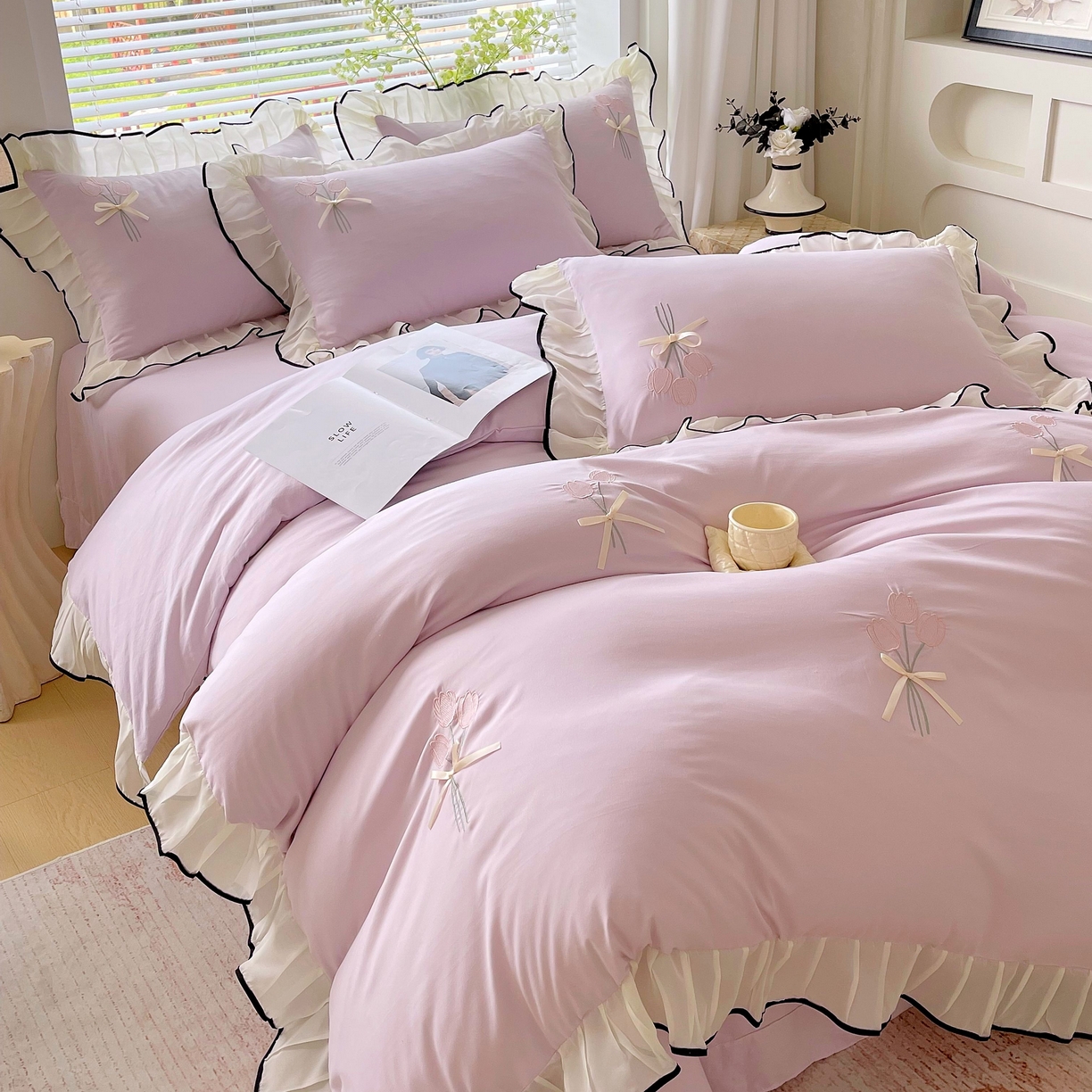 91家纺网 家纺一手货源 找家纺 大麦乐田 2025新款小清新水洗糯小棉花边纸立体花刺绣四件套 郁金香-嫩紫