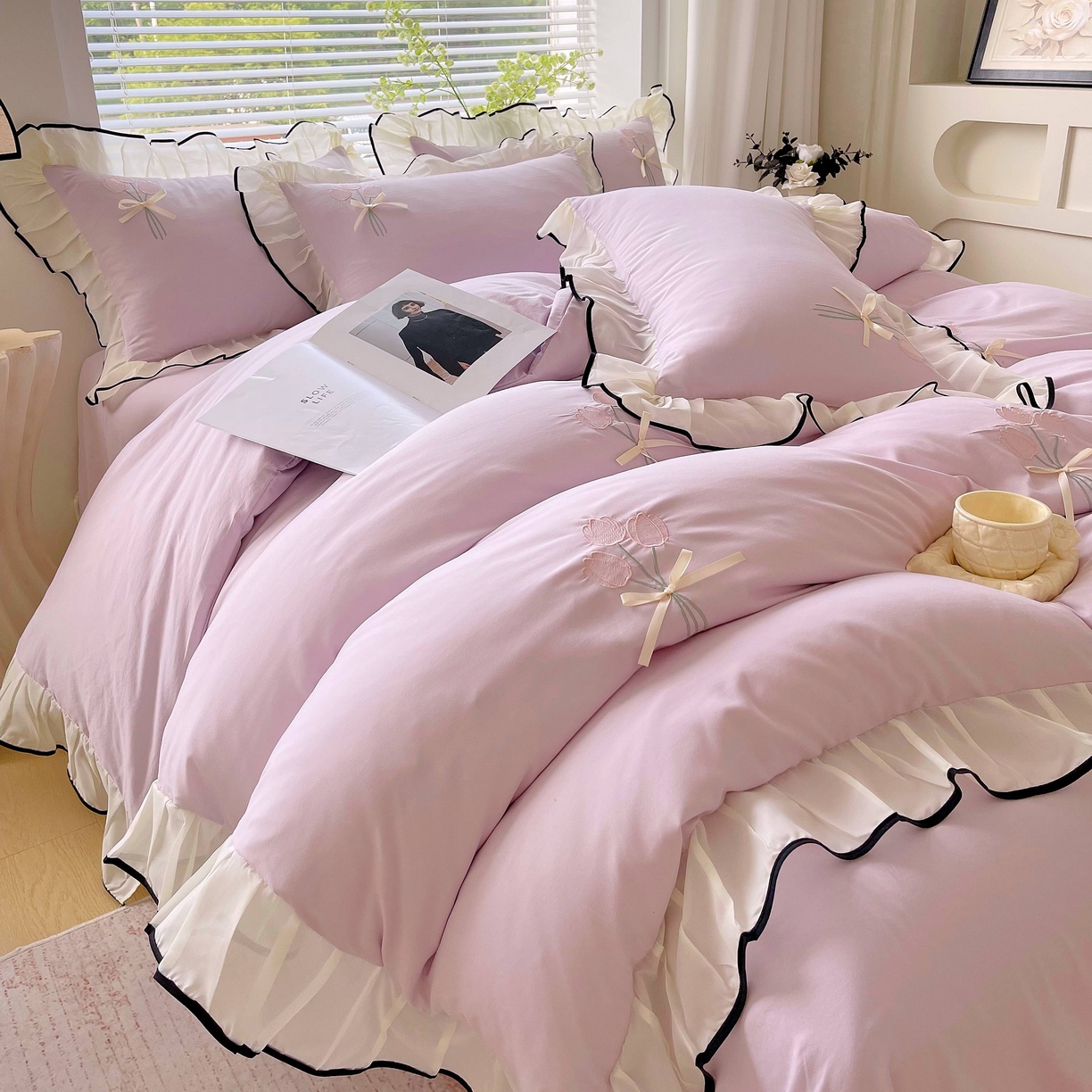 91家纺网 家纺一手货源 找家纺 大麦乐田 2025新款小清新水洗糯小棉花边纸立体花刺绣四件套 郁金香-嫩紫