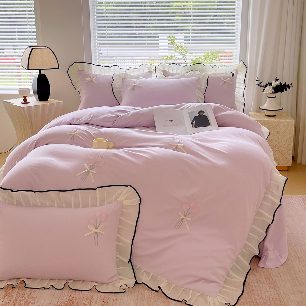 91家纺网 家纺一手货源 找家纺 大麦乐田 2025新款小清新水洗糯小棉花边纸立体花刺绣四件套 郁金香-嫩紫