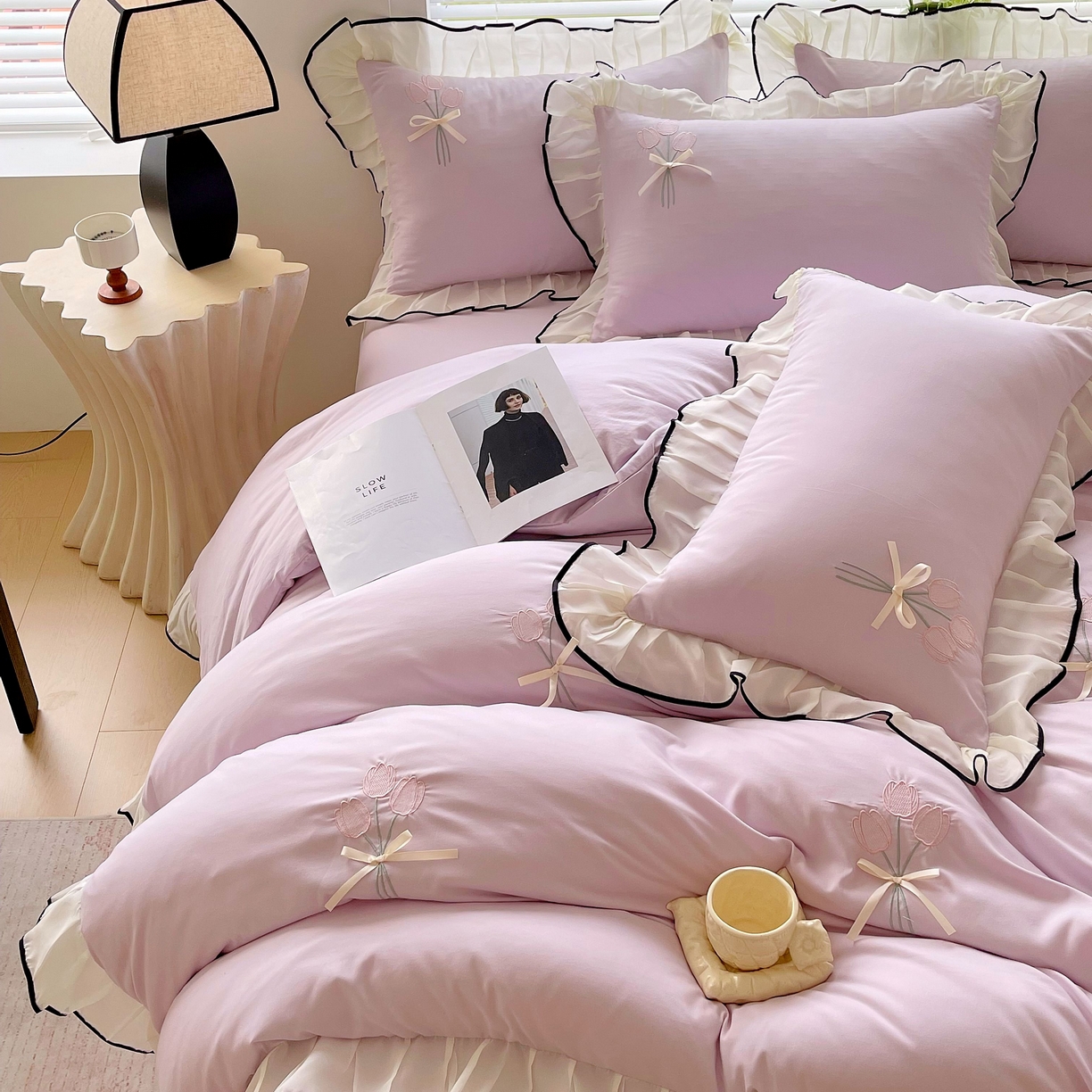 91家纺网 家纺一手货源 找家纺 大麦乐田 2025新款小清新水洗糯小棉花边纸立体花刺绣四件套 郁金香-嫩紫