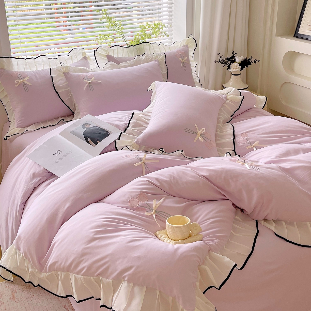 91家纺网 家纺一手货源 找家纺 大麦乐田 2025新款小清新水洗糯小棉花边纸立体花刺绣四件套 郁金香-嫩紫