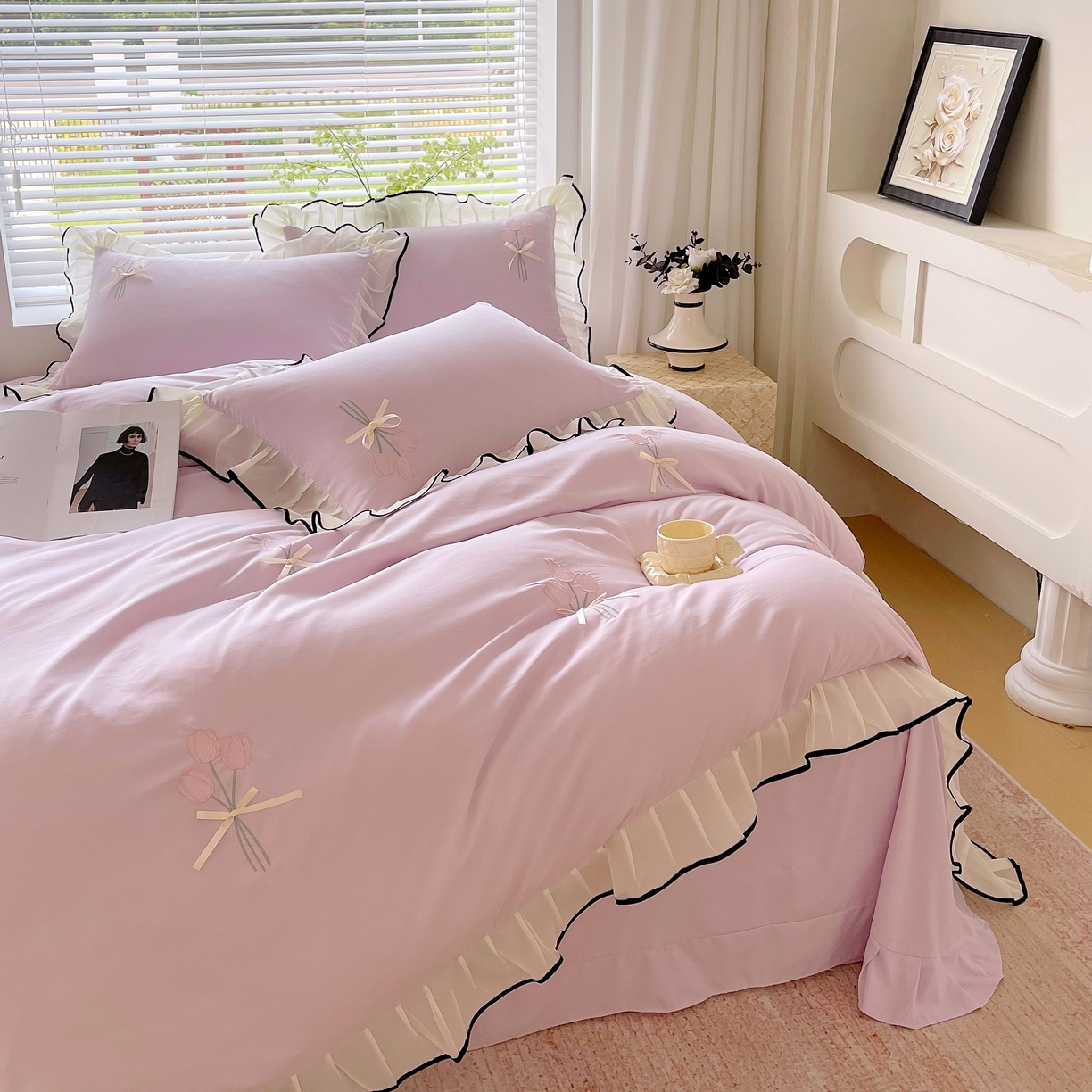 91家纺网 家纺一手货源 找家纺 大麦乐田 2025新款小清新水洗糯小棉花边纸立体花刺绣四件套 郁金香-嫩紫