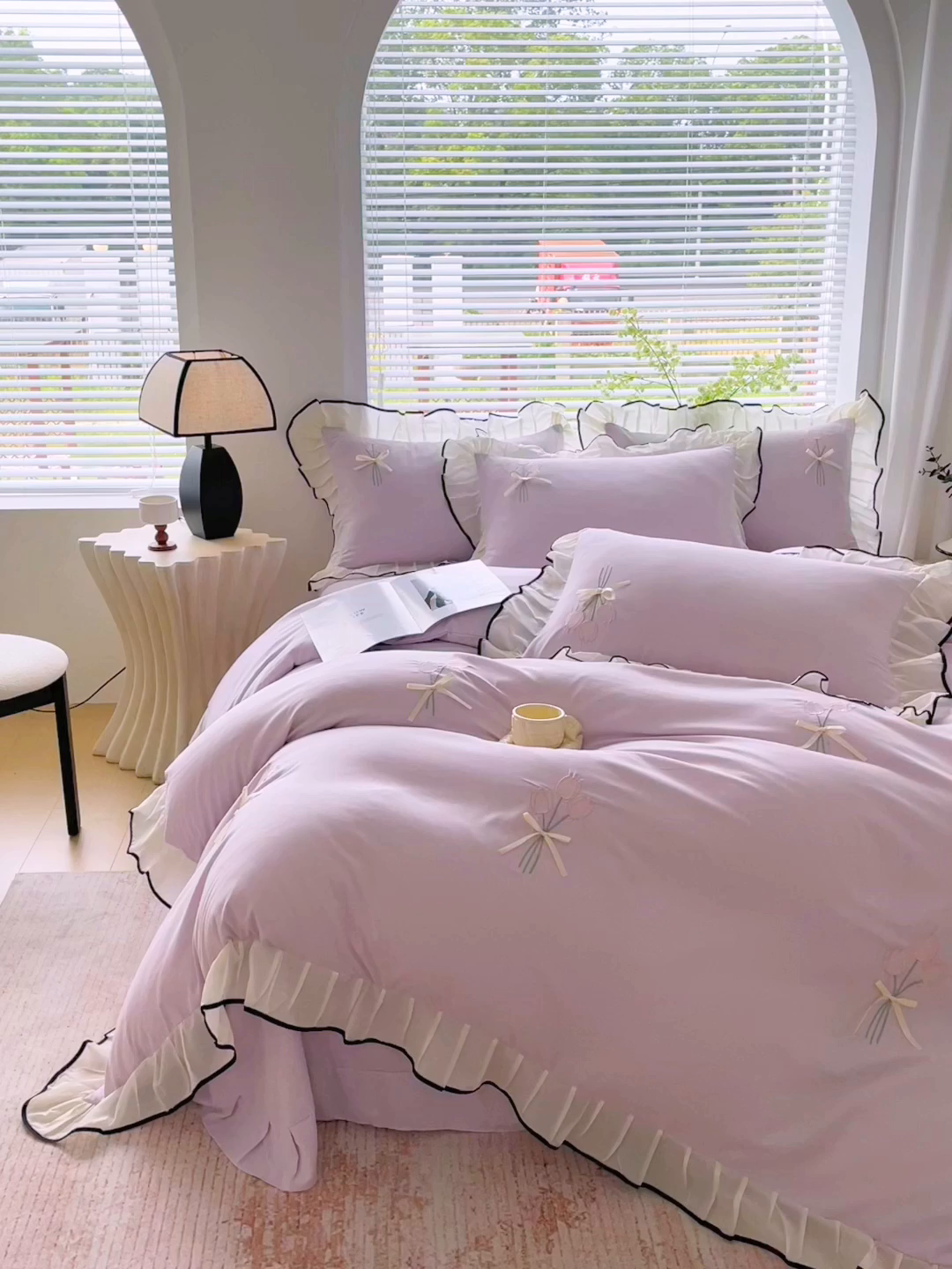 91家纺网 家纺一手货源 找家纺 大麦乐田 2025新款小清新水洗糯小棉花边纸立体花刺绣四件套 郁金香-嫩紫