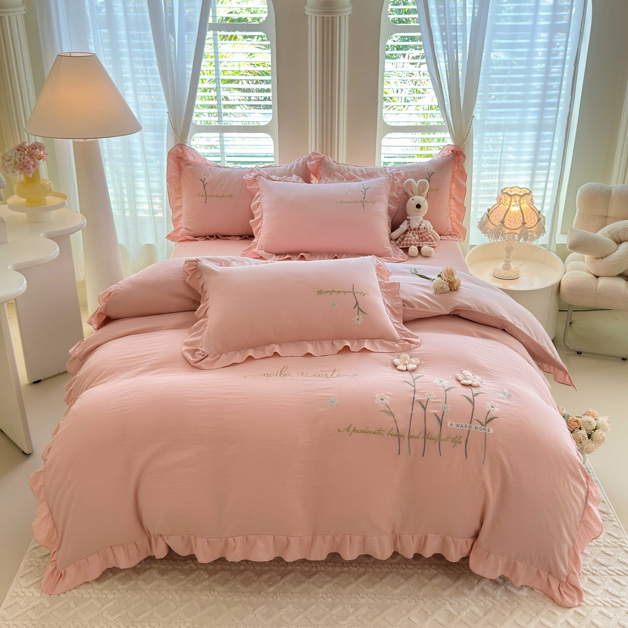 91家纺网 家纺一手货源 找家纺 （总）大麦乐田 2025新款韩版水洗糯小棉立体花刺绣四件套