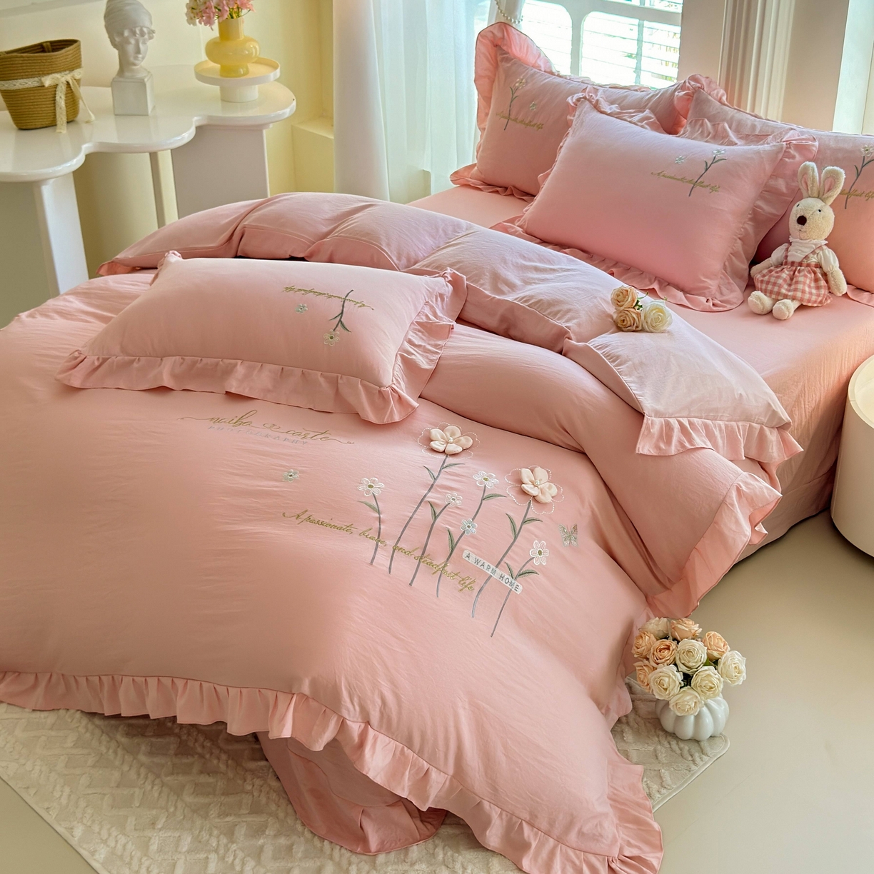 91家纺网 家纺一手货源 找家纺 （总）大麦乐田 2025新款韩版水洗糯小棉立体花刺绣四件套