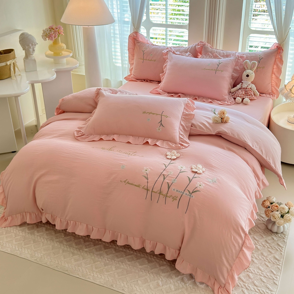 91家纺网 家纺一手货源 找家纺 （总）大麦乐田 2025新款韩版水洗糯小棉立体花刺绣四件套