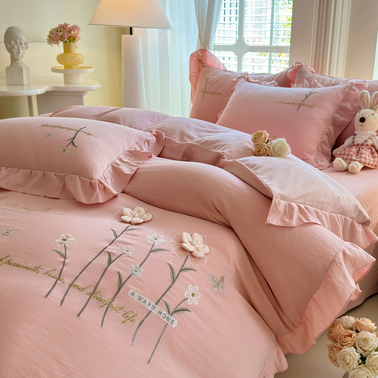 91家纺网 家纺一手货源 找家纺 （总）大麦乐田 2025新款韩版水洗糯小棉立体花刺绣四件套