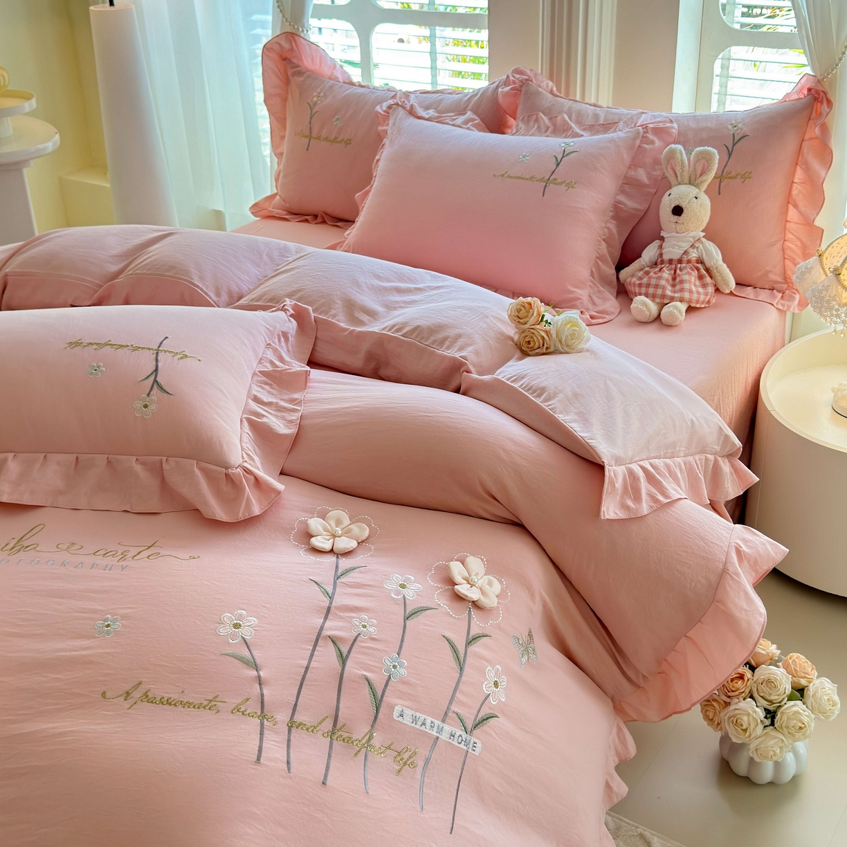 91家纺网 家纺一手货源 找家纺 （总）大麦乐田 2025新款韩版水洗糯小棉立体花刺绣四件套