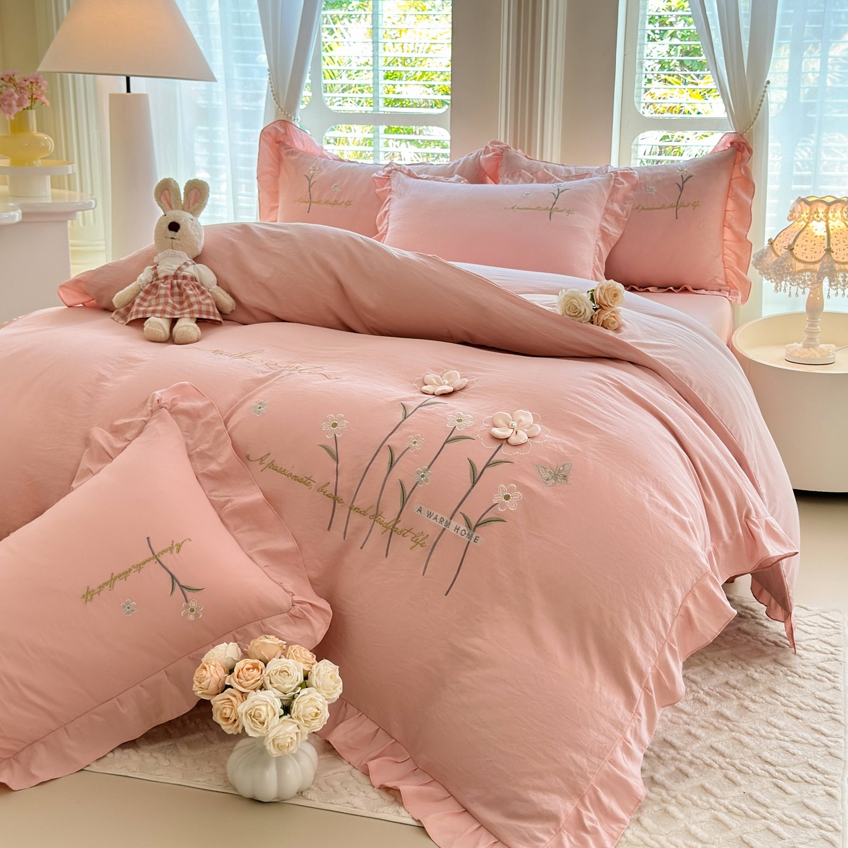 91家纺网 家纺一手货源 找家纺 （总）大麦乐田 2025新款韩版水洗糯小棉立体花刺绣四件套