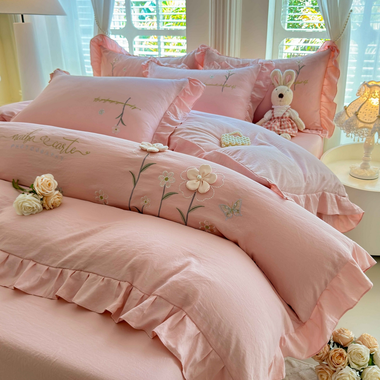 91家纺网 家纺一手货源 找家纺 （总）大麦乐田 2025新款韩版水洗糯小棉立体花刺绣四件套