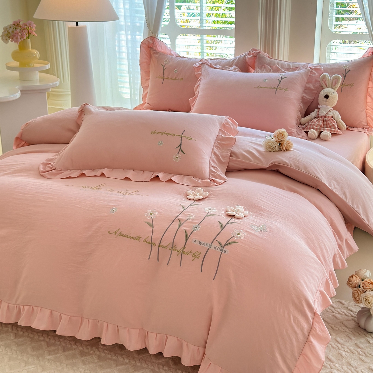 91家纺网 家纺一手货源 找家纺 （总）大麦乐田 2025新款韩版水洗糯小棉立体花刺绣四件套