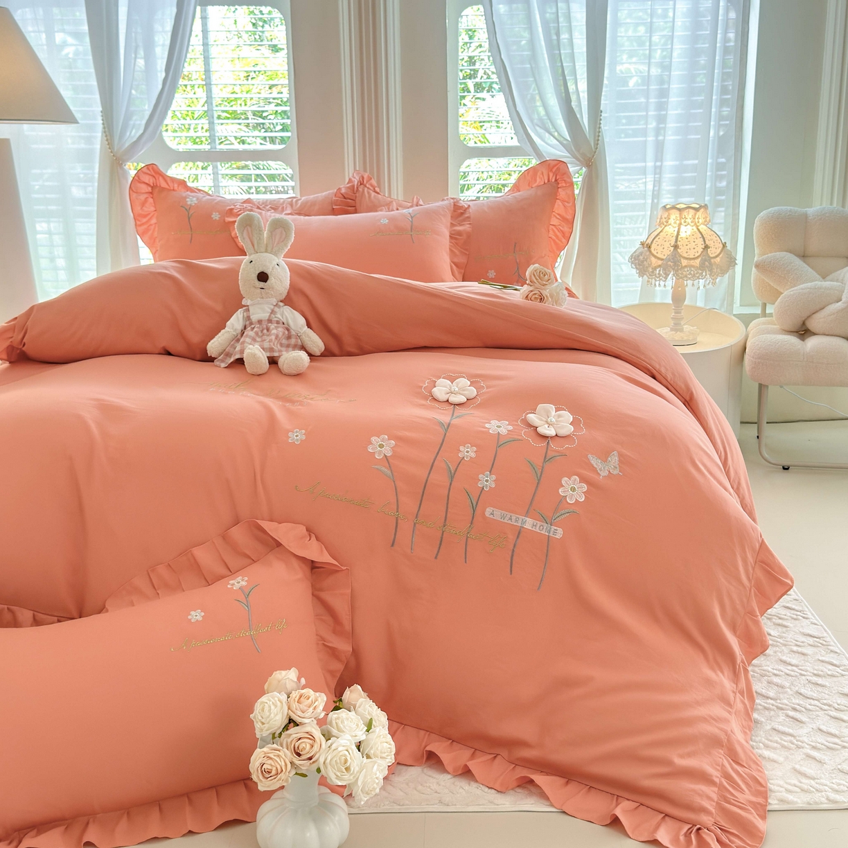 91家纺网 家纺一手货源 找家纺 （总）大麦乐田 2025新款韩版水洗糯小棉立体花刺绣四件套