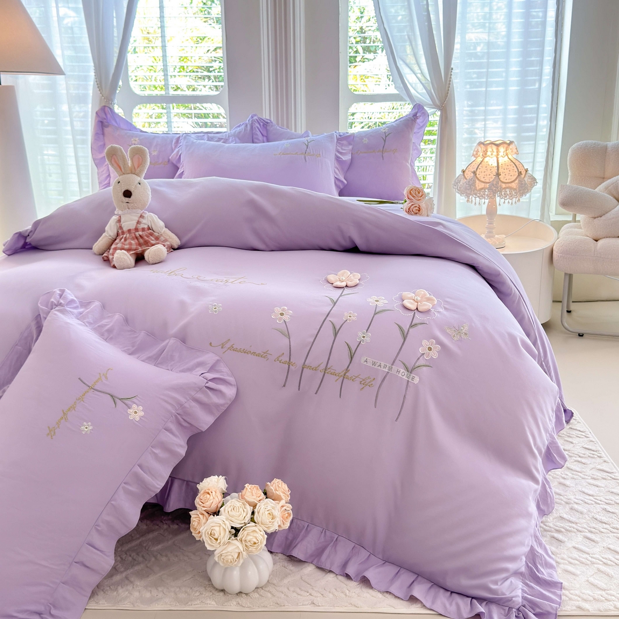 91家纺网 家纺一手货源 找家纺 （总）大麦乐田 2025新款韩版水洗糯小棉立体花刺绣四件套