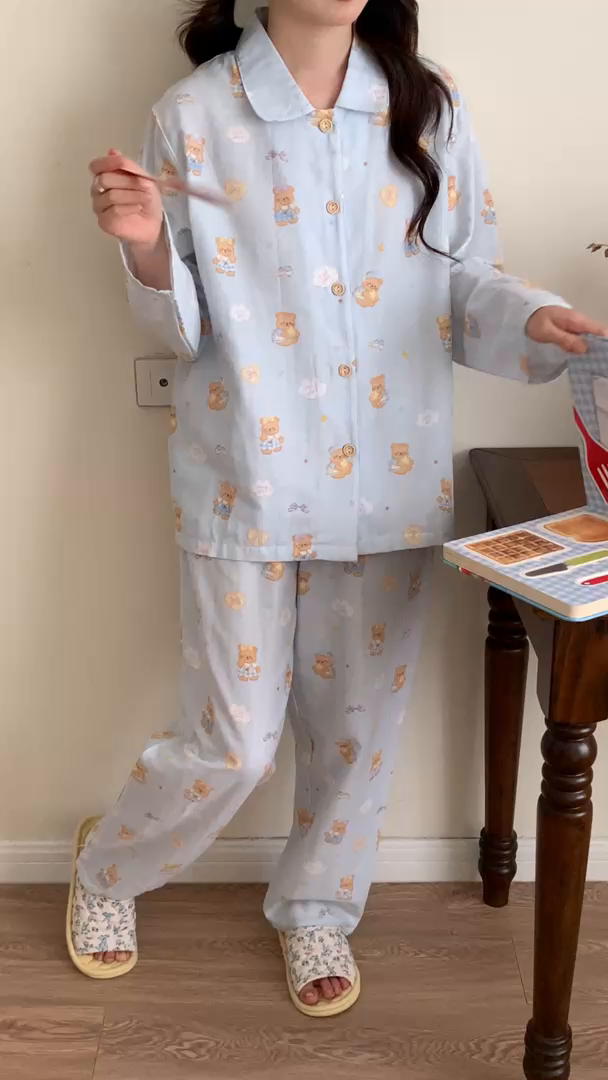 91家纺网 家纺一手货源 找家纺 纽约生活 2025新款有氧纱小翻领长长 （会员-5） 黄油小熊蓝