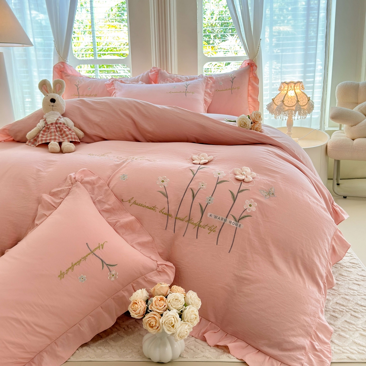 大麦乐田 2025新款韩版水洗糯小棉立体花刺绣四件套 花田间-粉