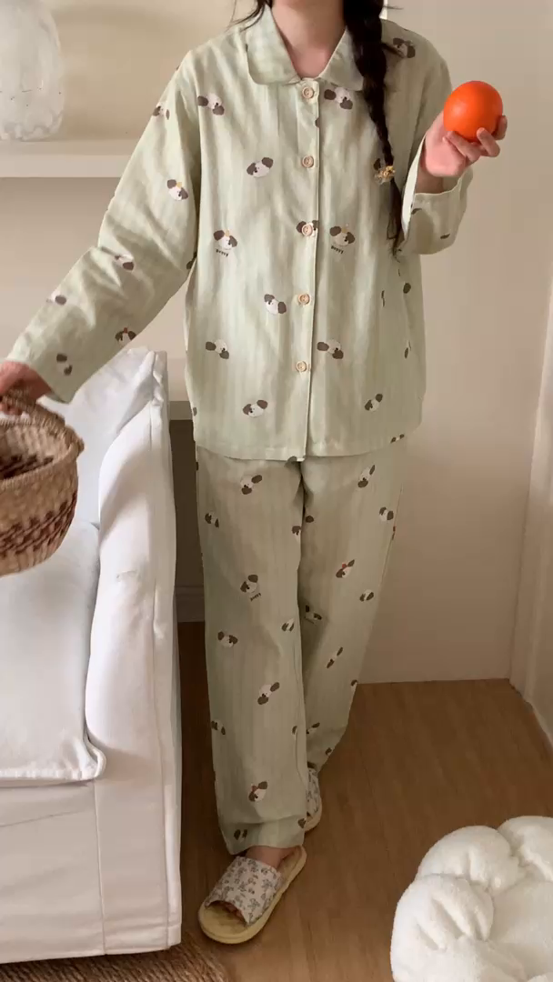 91家纺网 家纺一手货源 找家纺 纽约生活 2025新款有氧纱小翻领长长 （会员-5） 绿条纹puppy狗