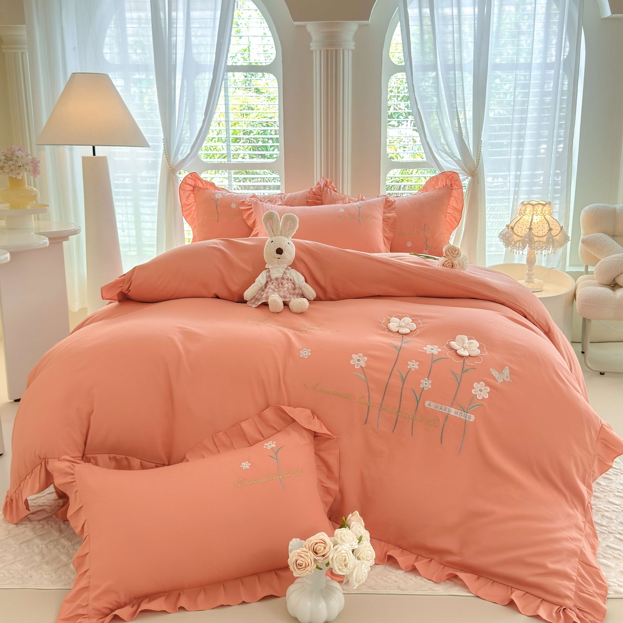 91家纺网 家纺一手货源 找家纺 大麦乐田 2025新款韩版水洗糯小棉立体花刺绣四件套 花田间-桔