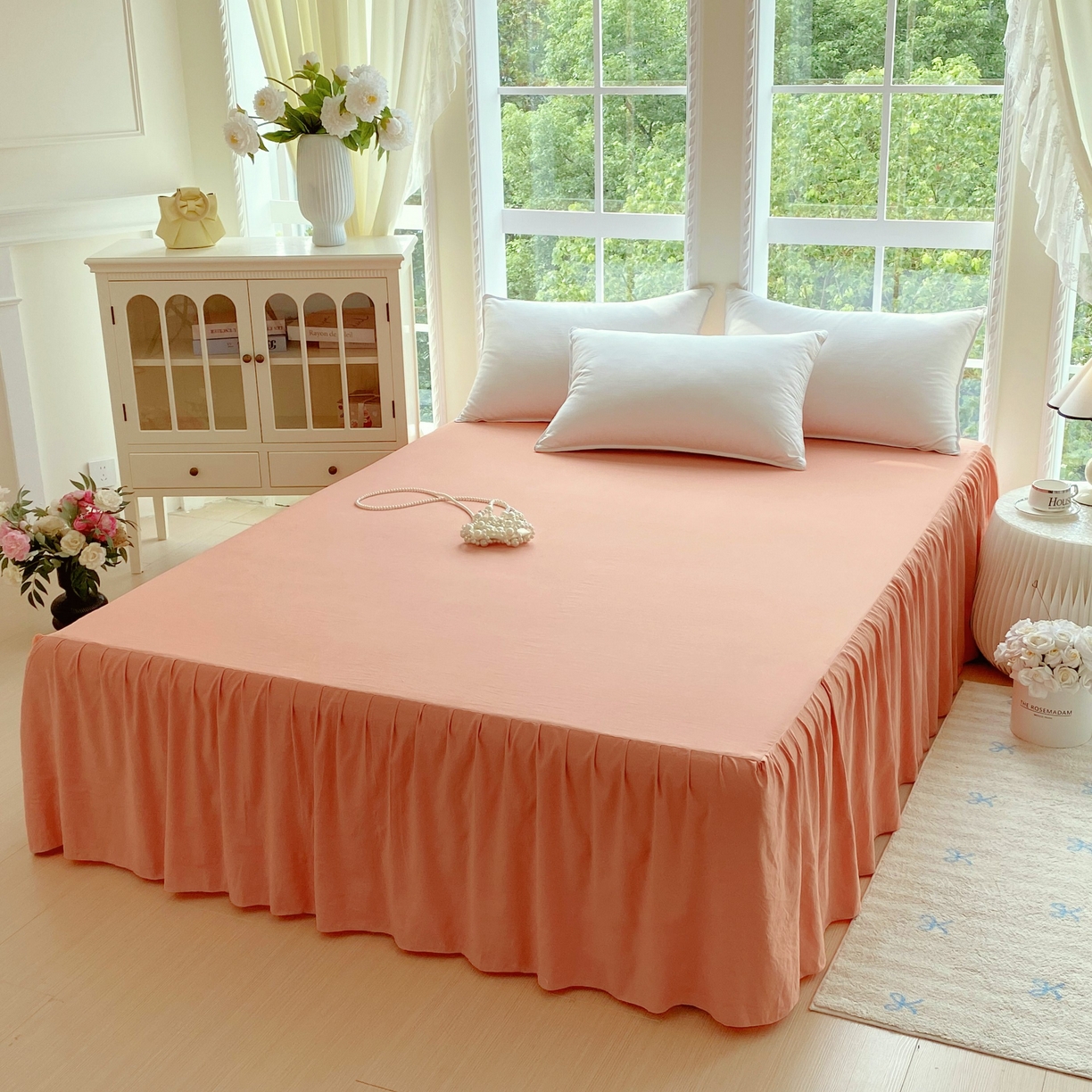 91家纺网 家纺一手货源 找家纺 大麦乐田 2025新款韩版水洗糯小棉立体花刺绣四件套 花田间-桔