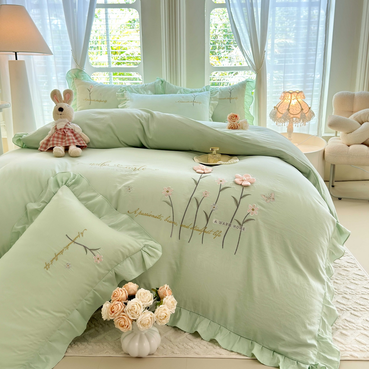 大麦乐田 2025新款韩版水洗糯小棉立体花刺绣四件套 花田间-绿