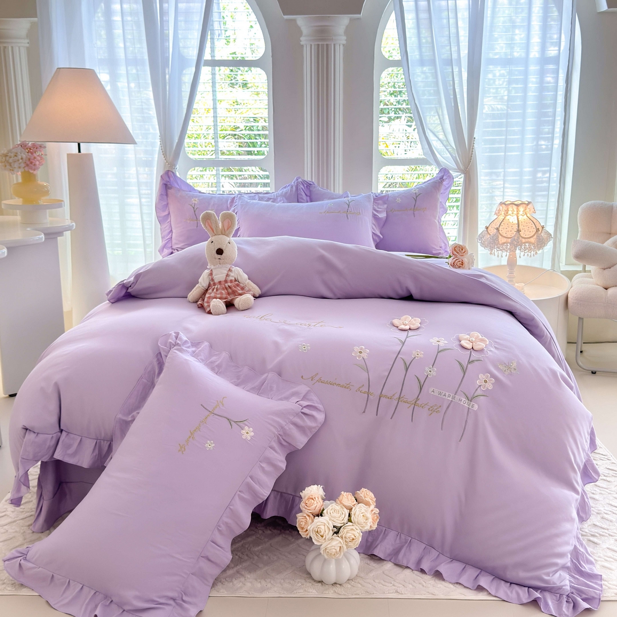 91家纺网 家纺一手货源 找家纺 大麦乐田 2025新款韩版水洗糯小棉立体花刺绣四件套 花田间-紫