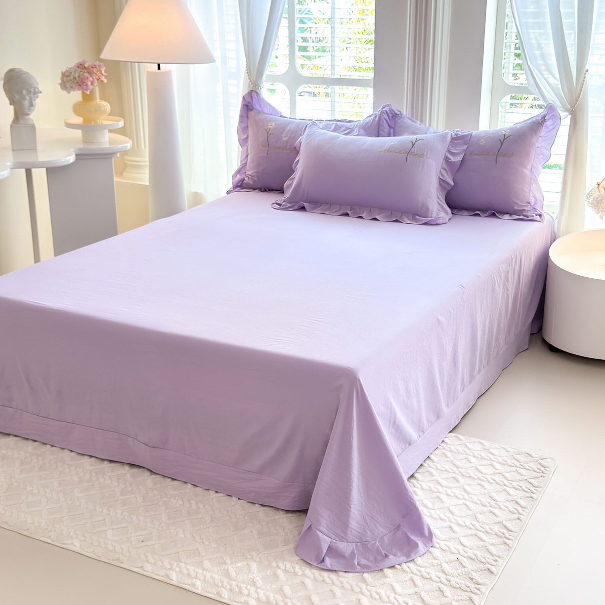 91家纺网 家纺一手货源 找家纺 大麦乐田 2025新款韩版水洗糯小棉立体花刺绣四件套 花田间-紫