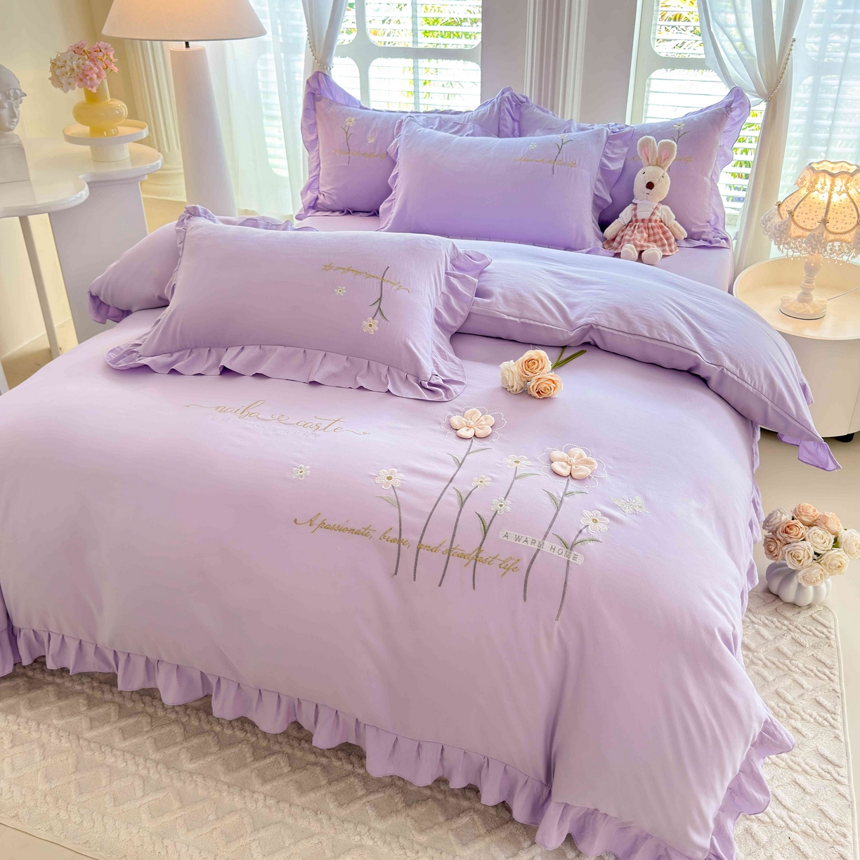 91家纺网 家纺一手货源 找家纺 大麦乐田 2025新款韩版水洗糯小棉立体花刺绣四件套 花田间-紫