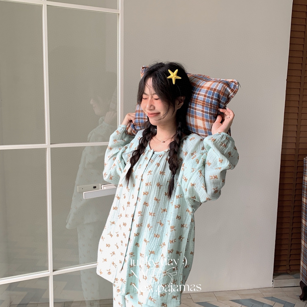 91家纺网 家纺一手货源 找家纺 纽约生活 2025新款绉布圆领开扣长袖长裤（会员-5） 波比熊