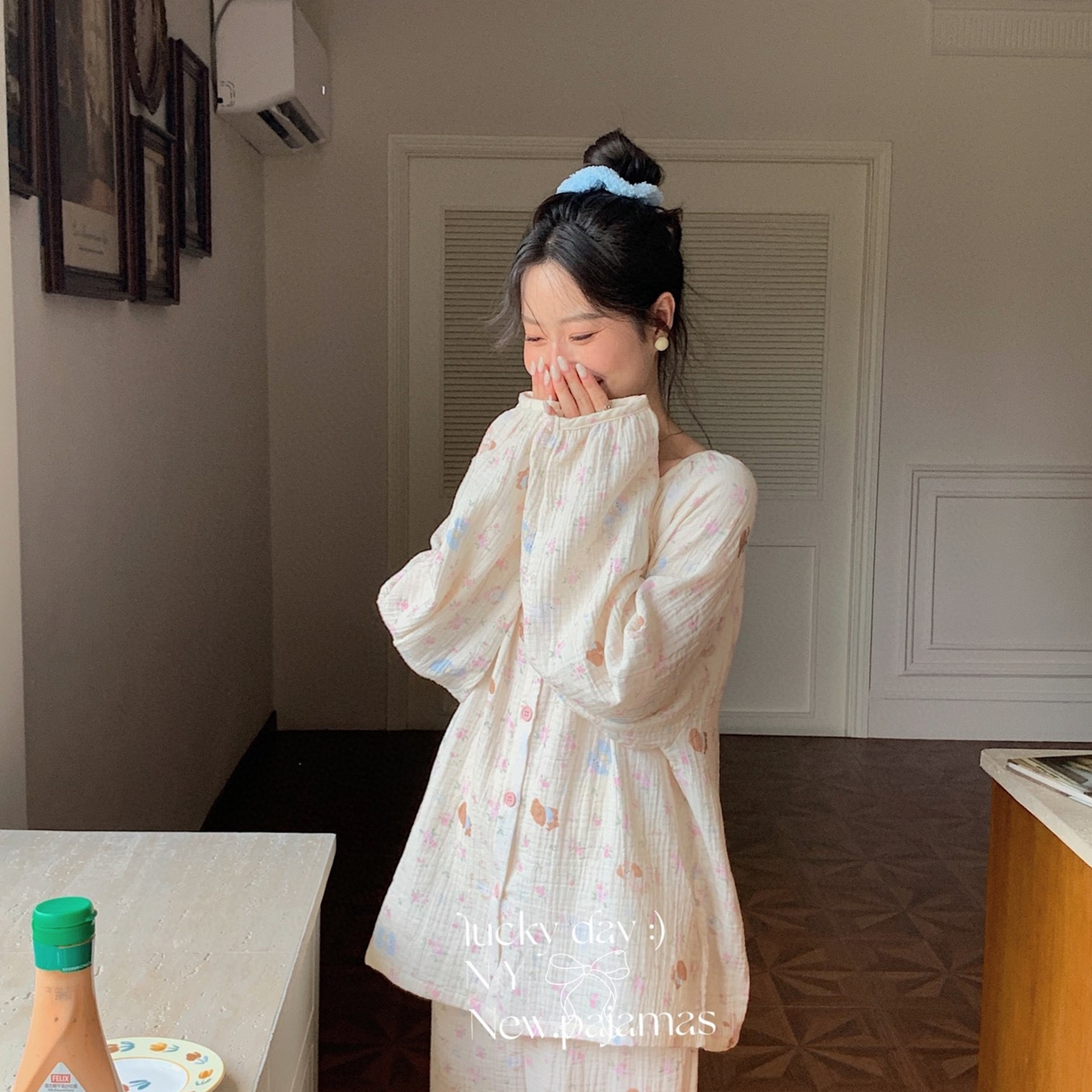 91家纺网 家纺一手货源 找家纺 纽约生活 2025新款绉布圆领开扣长袖长裤（会员-5） 花花狗