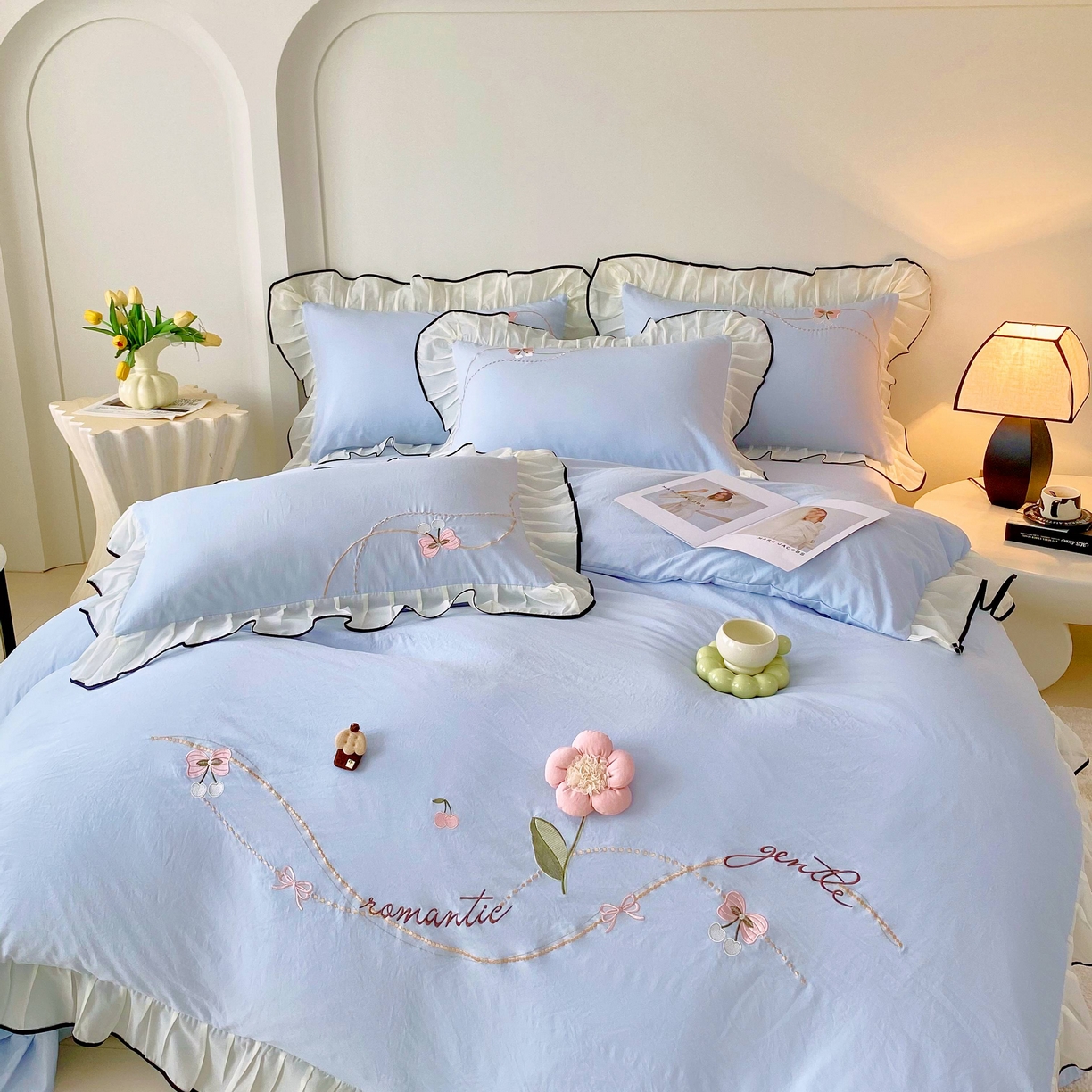 大麦乐田 2025新款公主风水洗糯小棉少女心柔软立体花刺绣蕾丝花边四件套 浪漫海风-浅兰