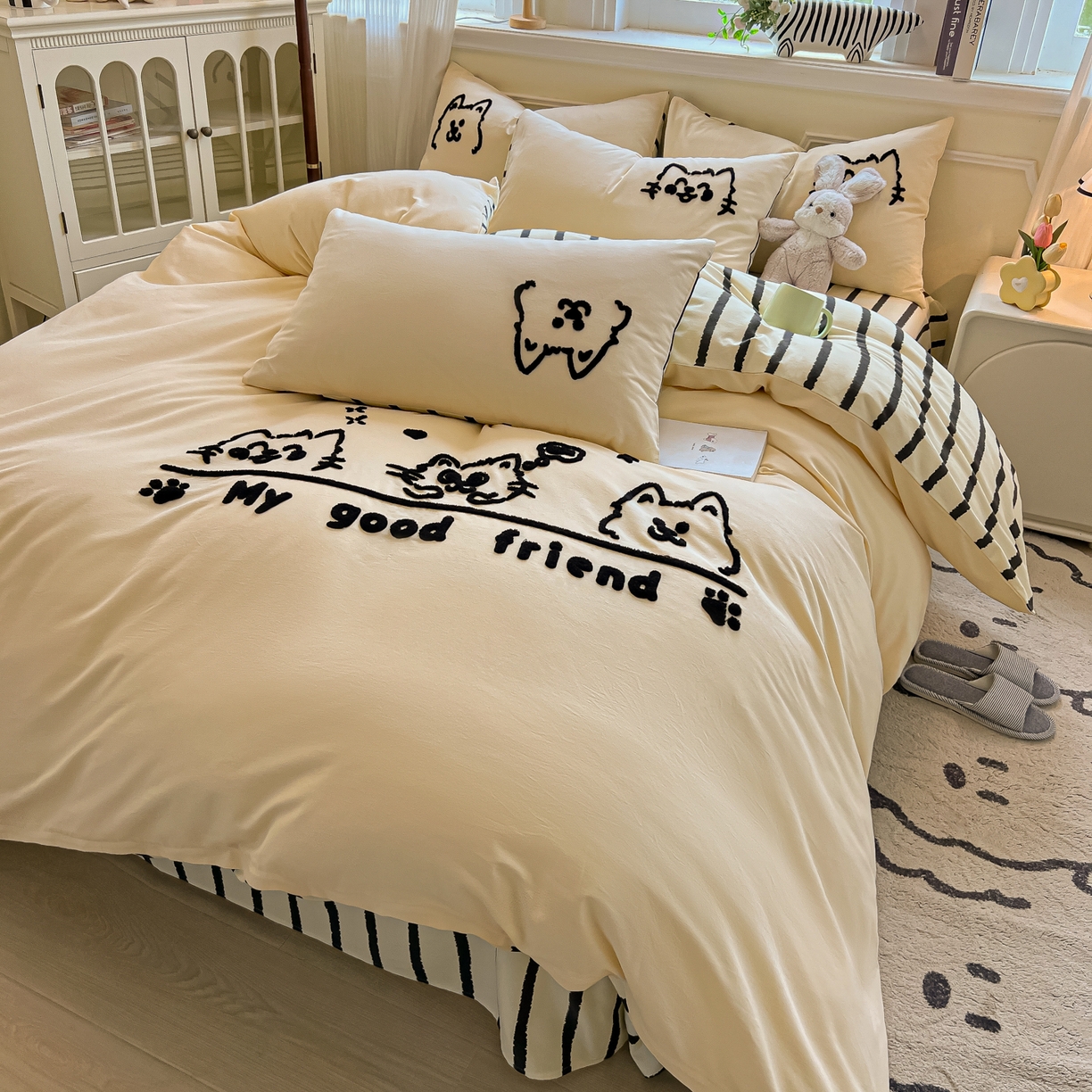 91家纺网 家纺一手货源 找家纺 多乐家纺 2025新款全棉纯棉磨毛毛巾绣四件套 好朋友