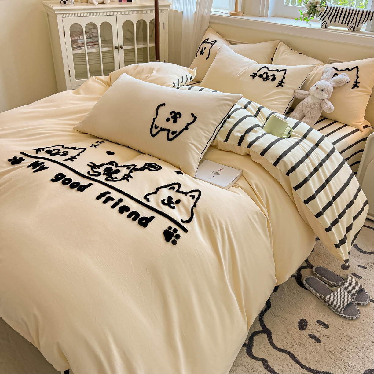 91家纺网 家纺一手货源 找家纺 多乐家纺 2025新款全棉纯棉磨毛毛巾绣四件套 好朋友